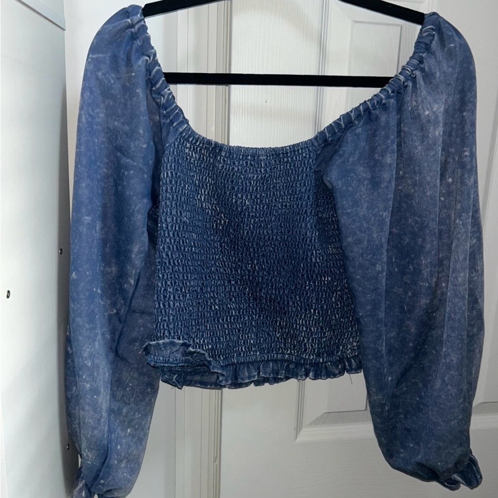 Blue Smocked Off-Shoulder Top